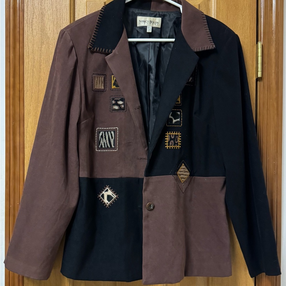 Nancy Bolen City Girl Vintage Brown and Black Patchwork Jacket Coat size 10